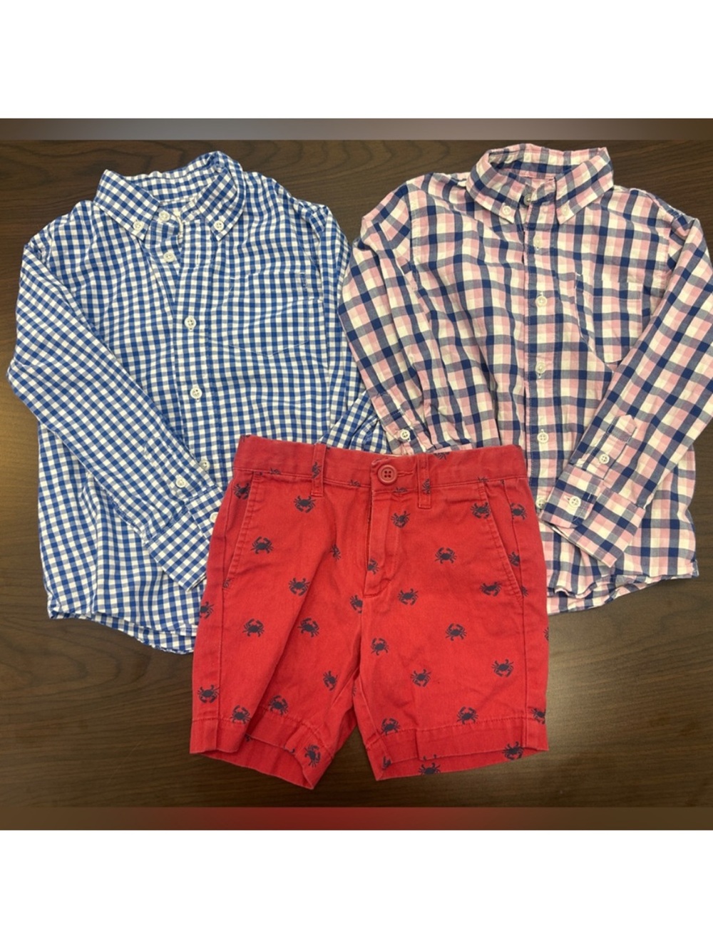 Crewcuts Boys 3T Summer Bundle Gingham Plaid Button Down Shirts And Red Crab